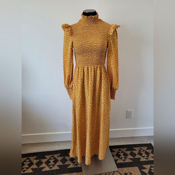 Yellow Floral Maxi Peasant Dress Boho Flounce Flutter Gypsy Hippie Cottagecore S - Picture 2 of 10